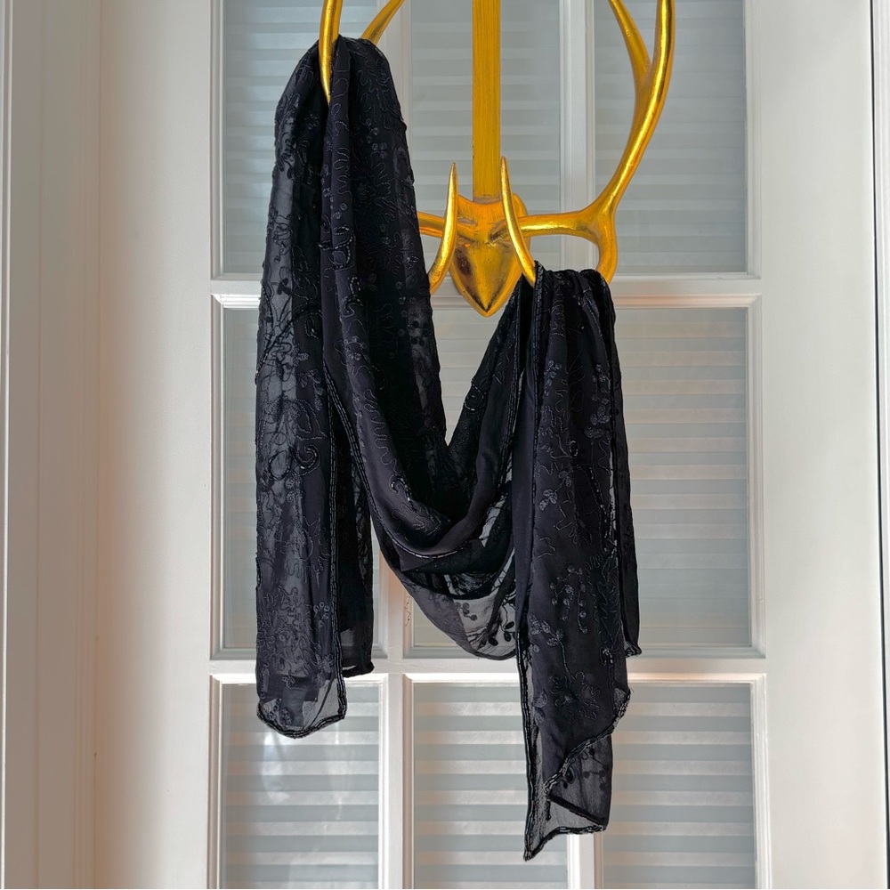 Sutton Studio for Bloomingdale’s Beaded Black Silk Shawl/Scarf/Wrap